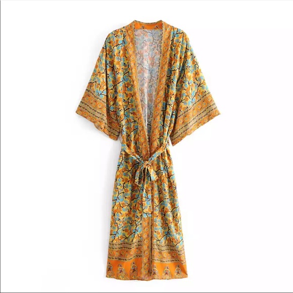 Sweaters - Boho floral gypsy kimono maxi duster orange